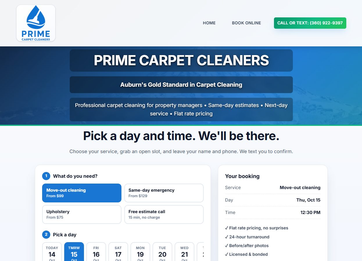 Example contractor website with the booking calendar